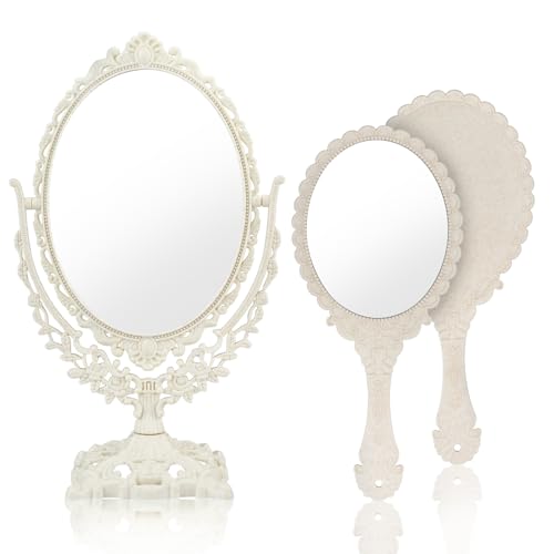 2PC Makeup Mirror Vintage Hand Mirror, Desk Vanity Mirrors with Double Sided for Home Bedroom, Hand Mirrors with Handle for Women Travel Small Vintage Purse (Oval)