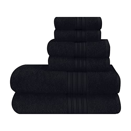 BOUTIQUO 6 Pack Cotton Towel Set, Contains 2 Bath Towels 28x55 inch, 2 Hand Towels 16x24 inch & 2 Wash Coths 12x12 inch, Ideal Everyday use, Ultra Soft Compact & Lightweight - Black - color: Black, size: 6 Pack Set