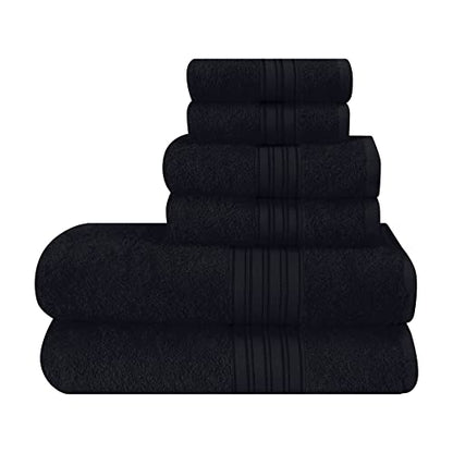 BOUTIQUO 6 Pack Cotton Towel Set, Contains 2 Bath Towels 28x55 inch, 2 Hand Towels 16x24 inch & 2 Wash Coths 12x12 inch, Ideal Everyday use, Ultra Soft Compact & Lightweight - Black - color: Black, size: 6 Pack Set