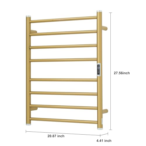 Electric Towel Warmer Rack,Heating Towel Warmer,Timer & Temperature Control,Wall-Mounted Plug-in for Bathroom,Gold,Stainless Steel,8-Bar(27.56x20.87x4.41in) - color: Round-matte Gold With Brushed Top, size: 8 Bars