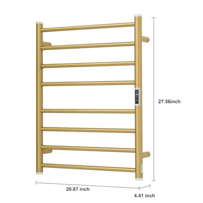 Electric Towel Warmer Rack,Heating Towel Warmer,Timer & Temperature Control,Wall-Mounted Plug-in for Bathroom,Gold,Stainless Steel,8-Bar(27.56x20.87x4.41in) - color: Round-matte Gold With Brushed Top, size: 8 Bars