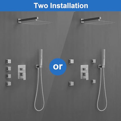 RUMOSE Rainfall Shower System with 4 Full Body Jet 4 Mode Shower Faucet Set | 12 Inch Rain Shower Head, 2 in 1 Handheld Spray, Brushed Nickel Brass Shower Jet Shower Fixtures, Wall Mounted - color: Brushed Nickel