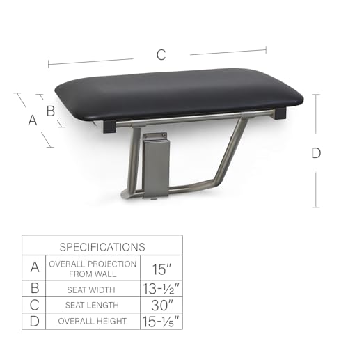 Seachrome 30" x 15" Black Padded Cushion Folding Wall Mount Bench Shower Seat, ADA Compliant - color: Black, size: 30 in