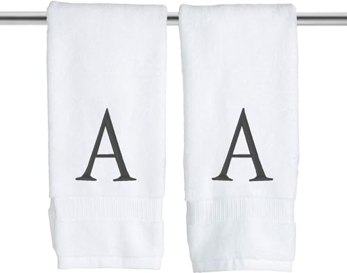 White with Dark Gray Monogrammed Hand Towels for Bathroom Set of 2 Letter A | Luxury Hotel Quality Initial Towels For Powder Room, Spa, GOTS Organic Certified - color: Dark Gray, size: Initial A