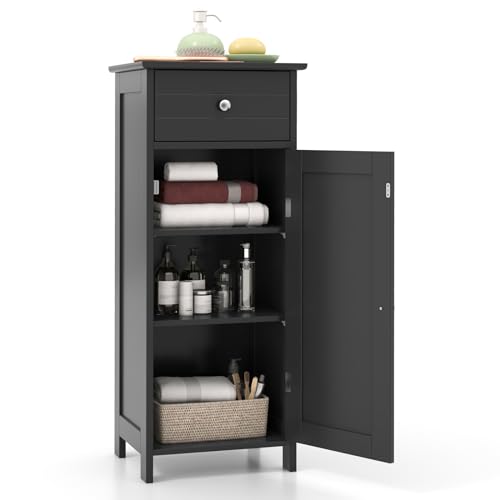 BECOMFORT Bathroom Floor Cabinet, Small Wooden Storage Organizer Unit with Drawers, Adjustable Shelves, Mid Century Modern Bathroom Storage Cabinet for Living Room, Entryway - color: Black