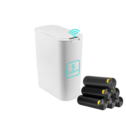 5 Gallon Motion Sensor Bathroom Trash Can Automatic Garbage Cans with Lid Touchless Smart Slim Plastic Trash Bin for Kitchen, Bedroom, Toilet, Office, Living Room - color: White