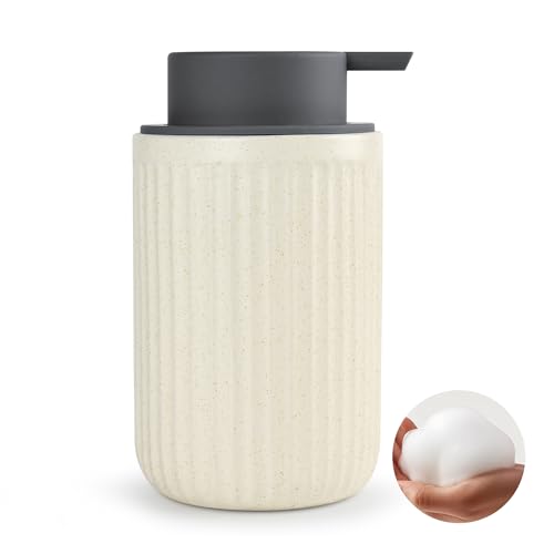 Speckled Beige Rippled Ceramic Foaming Soap Dispenser, Modern | Gray Silicone Pump, Modern Farmhouse Decor, Bathroom Counter Accent, Kitchen Sink Styling, Soft Neutral Home Aesthetic - color: Beige,brown,grey