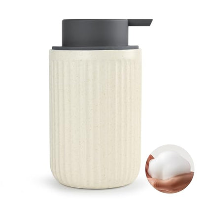 Speckled Beige Rippled Ceramic Foaming Soap Dispenser, Modern | Gray Silicone Pump, Modern Farmhouse Decor, Bathroom Counter Accent, Kitchen Sink Styling, Soft Neutral Home Aesthetic - color: Beige,brown,grey