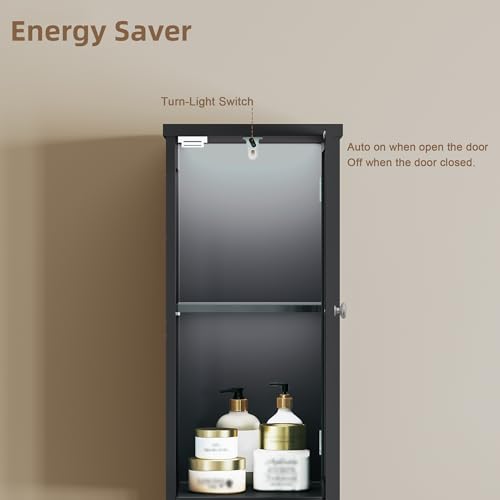 ChooChoo Narrow Bathroom Storage Cabinet with Light， Space Saving | Space Saving,Tall Bathroom Storage Cabinet, 5-Tier, 2 Doors, Slim, Freestanding, Adjustable Shelves, Black - color: Black