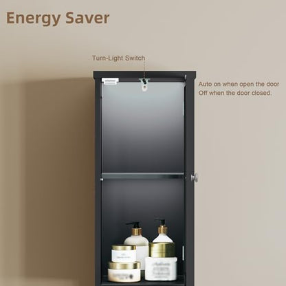 ChooChoo Narrow Bathroom Storage Cabinet with Light， Space Saving | Space Saving,Tall Bathroom Storage Cabinet, 5-Tier, 2 Doors, Slim, Freestanding, Adjustable Shelves, Black - color: Black