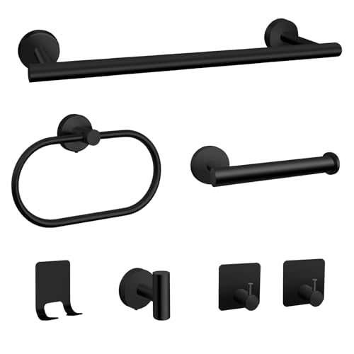 7 PCS Bathroom Hardware Set, Matte Black Stainless Steel Bathroom Tower Rack Set Wall Mounted Includes 16" Towel Bar, Toilet Towel Paper Holder, Towel Ring, 4 Robe Towel Hooks - color: 7pcs-matte Black