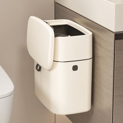 KOMBIUDA 12l Hanging Trash Can with Lid, Wall-Mounted Sealed Garbage Bin for Kitchen and Bathroom, No-Drill Installation, Plastic Waste Container in Light Beige for Home Organization