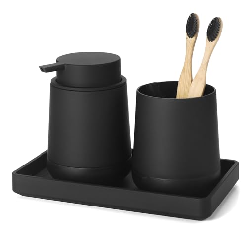 GAHEFY Black Bathroom Countertop Accessories Set - Soap Dispenser and Toothbrush Holder with Silicone Boot,Vanity Tray (Black Liquid) - color: Black Liquid
