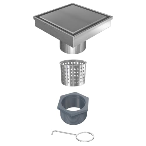 4 Inch Square Shower Drain with Tile Insert Grate, Brushed | SUS 304 Stainless Steel, Removable Grate & Hair Strainer Design, for Bathroom, Kitchen, Balcony, Garage, Basement, Toilet - color: Brushed Stainless Steel, size: 4-Inch