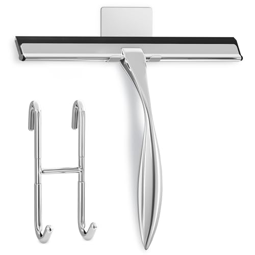Shower Door Squeegee with Hook, 12" Silicone Blade, Steel (Silver) | Squeegee for Shower Glass with Adhesive Mount; All-Purpose Bathroom Tile, Mirror, & Window Wiper for Streak-Free Cleaning - color: Silver, size: 12 Inch