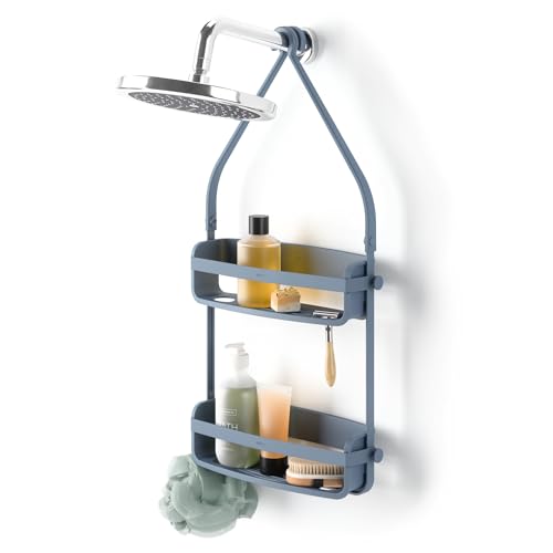 Umbra Flex Shower Caddy, Hanging 2 Shelves Bathroom Organizer, Slate Blue | Flexible silicone bands, drainage system, mold resistant, bottle collars, overhead mount