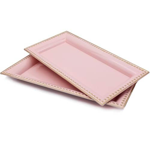 2 Pack Pink Bathroom Vanity Tray for Countertop with Beads, Small Plastic Toilet Tank Versatile Storage Organization Tray for Makeup, Perfume, Desk, Kitchen, Candles, 14"x7"x1", 36P - color: 17pink