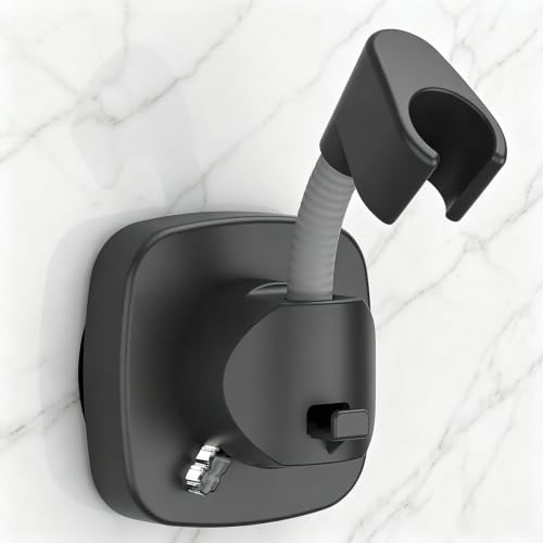 Suction Cup Shower Head Holder - Angle Adjustable Spring Arm, Flexible Wall Mount Shower Hose Holder, Removable Hand Held Shower Bracket with Vacuum Lock & Bonus Hook for Bathroom, Kitchen - color: Black