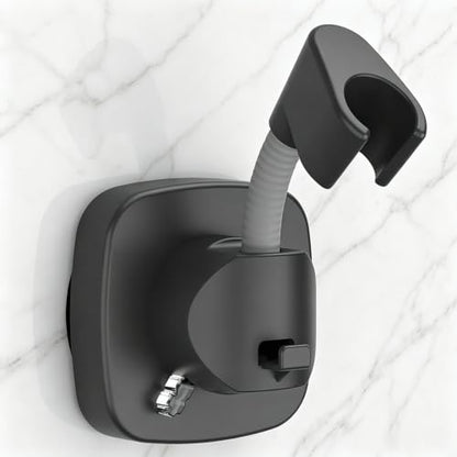 Suction Cup Shower Head Holder - Angle Adjustable Spring Arm, Flexible Wall Mount Shower Hose Holder, Removable Hand Held Shower Bracket with Vacuum Lock & Bonus Hook for Bathroom, Kitchen - color: Black