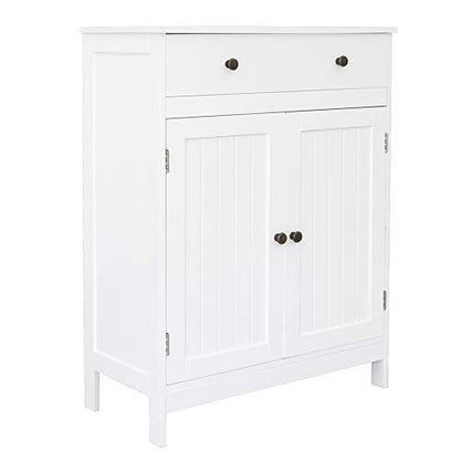 VINGLI White Storage Cabinet with Doors and Drawer Bathroom Floor Cabinet Wood Freestanding Storage Cabinet with Adjustable Shelf for Kitchen Entryway Foyer Living Room, 23.63" W x 11.8" D x 31.5" H