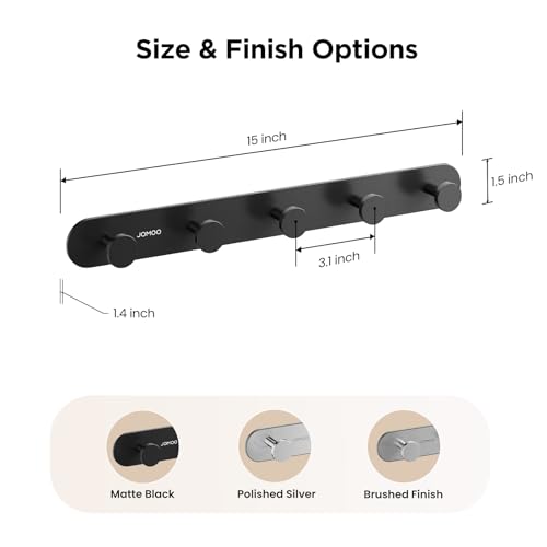 JOMOO 2 Pack Adhesive Wall Hooks for Bathroom, Aluminum Towel Hooks with 5 Hooks Each, No Drill Shower Hooks Heavy Duty 11LBS, Matte Black Robe Hook Rack