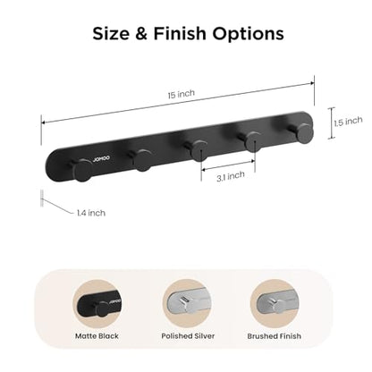 JOMOO 2 Pack Adhesive Wall Hooks for Bathroom, Aluminum Towel Hooks with 5 Hooks Each, No Drill Shower Hooks Heavy Duty 11LBS, Matte Black Robe Hook Rack