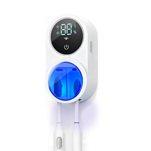 KLUEHOME Upgraded UV Toothbrush Sanitizer Holder for Bathroom, LED Smart Screen,Auto Light Cleaning and 140-Degree Air Drying, Rechargeable Mirror Wall Mounted,Fits Most Toothbrushes
