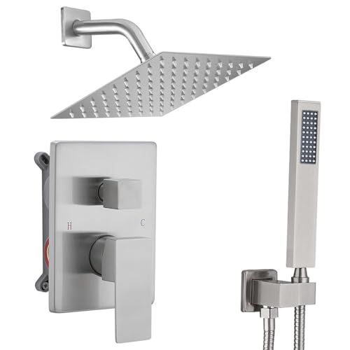 Shower Faucet Set 8 Inch Rainfall Shower Head and Handheld Shower High Pressure Rainfall Shower Head System Shower Faucet Set with Valve and Trim - color: Brushed Nickel, style: 8"- 2 Function