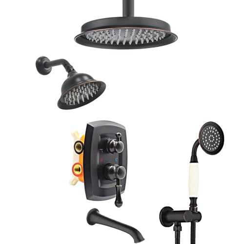 Antique Dual Rain Head Shower Faucet Set with Tub Spout | Vintage Handheld Spray, Multi-layer Plating, 4-Function Diverter Valve wtih Trim Kit, Oil Rubbed Bronze Finish - color: Oil Rubbed Bronze