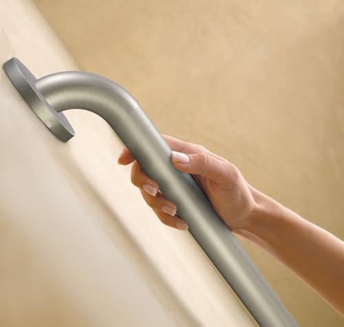 Moen Home Care Bathroom Safety 18 Inch Stainless Steel Handicap Grab Bar for Bathtub and Shower, Slip Resistant Finish, Elderly Assistance Product, Polished Brass, R8918P - color: Peened, size: 18 Inch