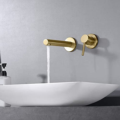 SUMERAIN Brushed Gold Bathroom Faucet Brass Wall Mount Faucet Single Handle with Rough in Valve - color: Brushed Gold, size: Right Handle