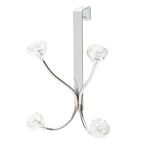 Home Basics Over the Door Double Towel Crystal Hooks, For Hanging Clothes, Coats, Robes or Towels, Organize Bathroom, Bedroom and Closet, Chrome 5" x 3" x 7.25 | Steel Door Hook Rack with Double Hanging Hooks & Crystal Accents - Ideal for Towels, Bags, Co