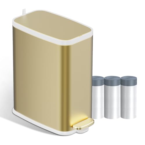 KdbK Champagne Gold Bathroom Trash Can with Lid Soft Close,1.6 Gallon Slim Garbage can,Small Metal Step Wastebasket for Office, Bedroom, Toilet, Live Room - color: Champagne Gold