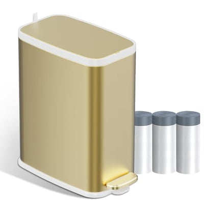 KdbK Champagne Gold Bathroom Trash Can with Lid Soft Close,1.6 Gallon Slim Garbage can,Small Metal Step Wastebasket for Office, Bedroom, Toilet, Live Room - color: Champagne Gold