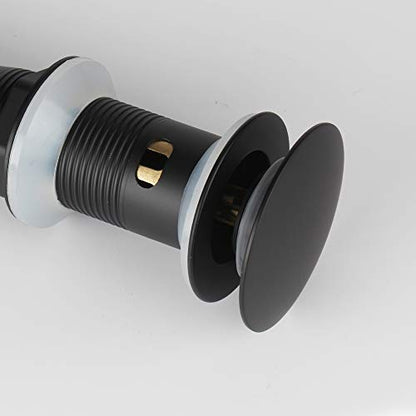 Bathroom Sink Pop Up Drain with Overflow, Strainer, Black | Solid Brass with Detachable Basket Strainer; 7 in. Closed/7.5 in. Open; 1-1/2 in. Min Drain Opening; Push-button Stopper - color: Black, size: Big Popup Cap