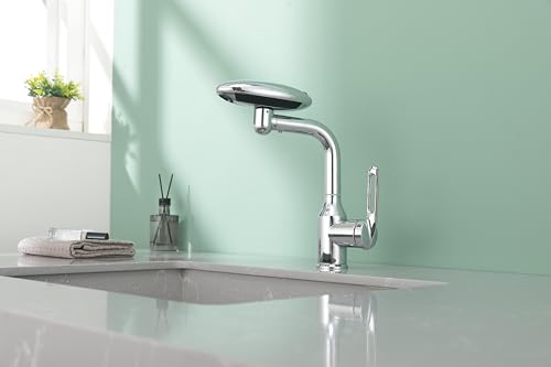 Bathroom Sink Faucet 1 Hole, Chrome Multifunctional Basin Faucet with 4 Water Outlet Modes, Modern 360°Rotatable Bar Tap with Two Water Supply Pipes - color: Chrome