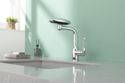 Bathroom Sink Faucet 1 Hole, Chrome Multifunctional Basin Faucet with 4 Water Outlet Modes, Modern 360°Rotatable Bar Tap with Two Water Supply Pipes - color: Chrome