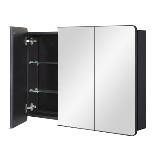 Bathroom Mirror Medicine Cabinet with Round Corner Framed Door 36 x 26 inch, Black，Recessed or Surface Mount, with Adjustable Glass Shelves - size: 36 x 26 inch