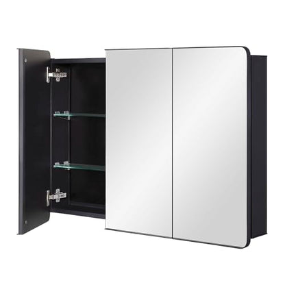Bathroom Mirror Medicine Cabinet with Round Corner Framed Door 36 x 26 inch, Black，Recessed or Surface Mount, with Adjustable Glass Shelves - size: 36 x 26 inch