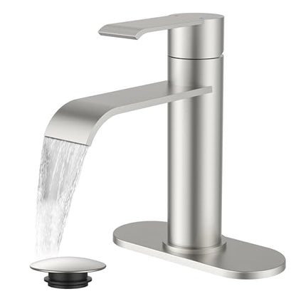 FORIOUS Single Hole Brushed Nickel Bathroom Faucet Waterfall, Commercial | FORIOUS 1 Hole Bathroom Faucet Brushed Nickel, One Hole Waterfall Bathroom Sink Faucet for RV with Cover Plate and Pop Drain - color: Stainless Steel