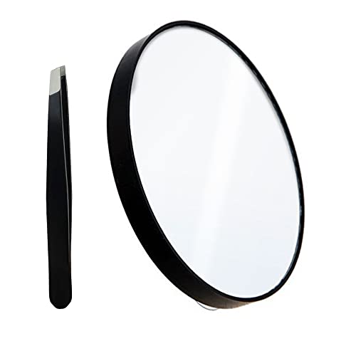 10X Magnifying Makeup Mirror with 1 Tweezers Portable Round Mirror 2 Suction Cups Travel Set for Eyebrow Tweezing Blackhead Blemish Removal Bathroom Magnified Cosmetic Mirror (Diameter 4.3 inches) - size: 4.3"L x 4.3"W