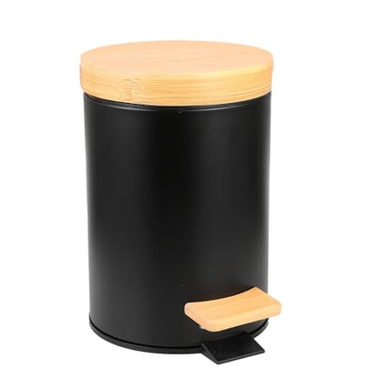 Small Bathroom Trash Can with Natural Bamboo Lid Soft Close，3 Liter / 0.8 GallonStainless Steel Garbage Can with Removable Inner Bucket andStep Pedal（Black） - color: Black