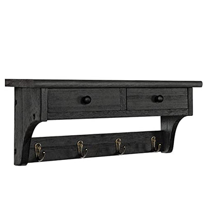 Emfogo Wood Coat Hooks Wall Mounted, Rustic Style with 4 Hooks & Shelf for Entryway, Mudroom, Bedroom, Kitchen, Bathroom (Black) - color: Black