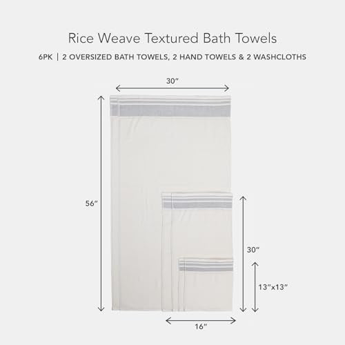 Texere 100% Organic Cotton Rice Weave Jacquard 700 GSM Luxury Bath Towel Set - 2 Large Bath Towels, 2 Hand Towels, 2 Washcloths (Rice Weave, Cream w/Blk, 6 Piece) - color: Cream W/ Black Contrast (Rice Weave)