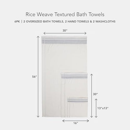 Texere 100% Organic Cotton Rice Weave Jacquard 700 GSM Luxury Bath Towel Set - 2 Large Bath Towels, 2 Hand Towels, 2 Washcloths (Rice Weave, Cream w/Blk, 6 Piece) - color: Cream W/ Black Contrast (Rice Weave)