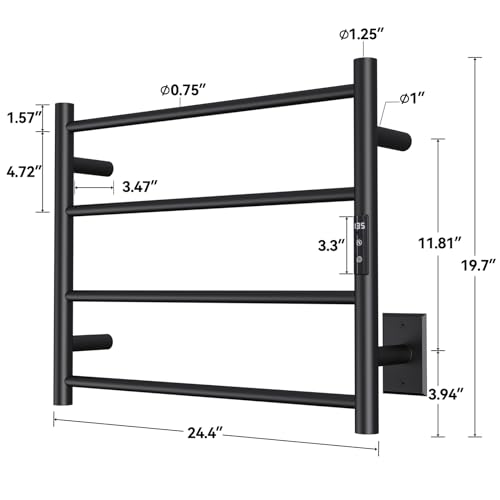 Sharpeye Towel Warmer Rack with 24hr Timer, 4-Bar Matte Black Heated Towel Rack for Bathroom, Plug-in/Hardwired, Electric Towel Warmer with Temperature Controls