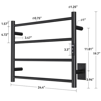 Sharpeye Towel Warmer Rack with 24hr Timer, 4-Bar Matte Black Heated Towel Rack for Bathroom, Plug-in/Hardwired, Electric Towel Warmer with Temperature Controls