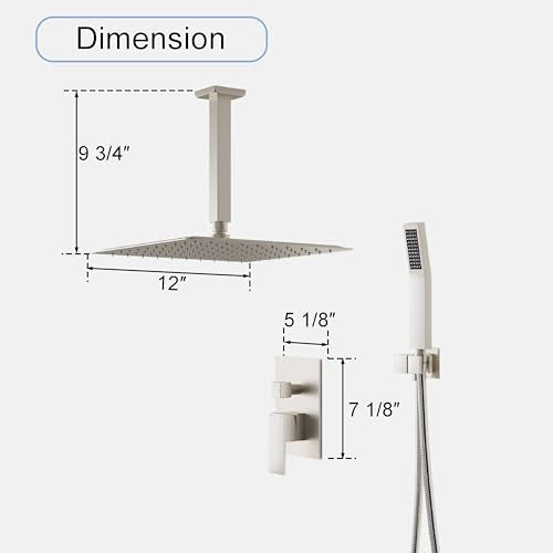 WELLFOR 12-In Ceiling Mount Shower System with Single Handle, Pressure-balanced Valve Included, Waterfall Dual Head Shower Head System, Rain Shower System, Shower Faucet Trim Kits, Brushed Nickel - color: Brushed Nickel, style: Ceiling Mount 12-Inch