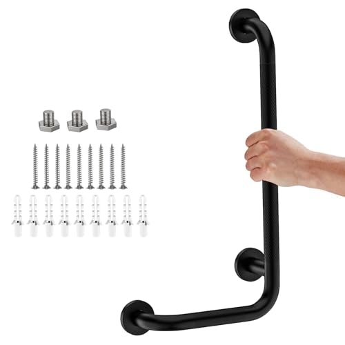 Black Angled Grab Bar 12x24 Inch, L-Shaped Grab Bars for Shower | Bathroom Grab Bar for Senior, Stainless Steel, Anti-Slip Knurled Grip, 1.25" Diameter, Wall Mounted Handicap Bars for Toilet - color: Black, size: 12x24 inch