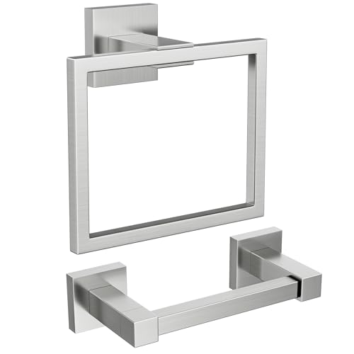 FORIOUS Toilet Paper Holder and Towel Ring Set, Bathroom Accessories Set | Brushed Nickel | Double Post Pivoting Toilet Paper Holder Wall Mounted and Hand Towel Ring | SUS304 Stainless Steel | Square - color: Stainless Steel, size: Square
